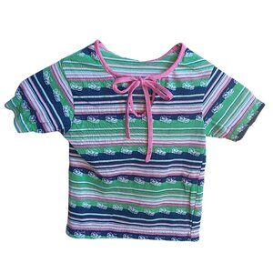 Girls 4 Vintage 70s Striped T-shirt Top Pink Tie Green/Blue/Pink Sneaker Print
